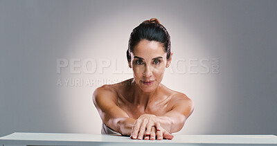 Buy stock photo Portrait, woman and dermatology pride in studio for anti aging, treatment and wellness routine. Person, skincare and cosmetics for facial transformation, beauty and self care glow on white background