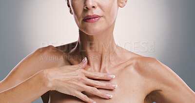 Buy stock photo Cosmetics, hands and glow of body, studio and treatment for shine of skin, antiaging and skincare for woman. Gray background, model and wellness with dermatology for person, beauty and routine