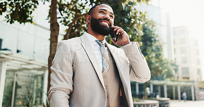 Buy stock photo City, phone call and business man for conversation, discussion and talking on commute to work. Low angle, corporate and happy person on smartphone for communication, networking and chat in town