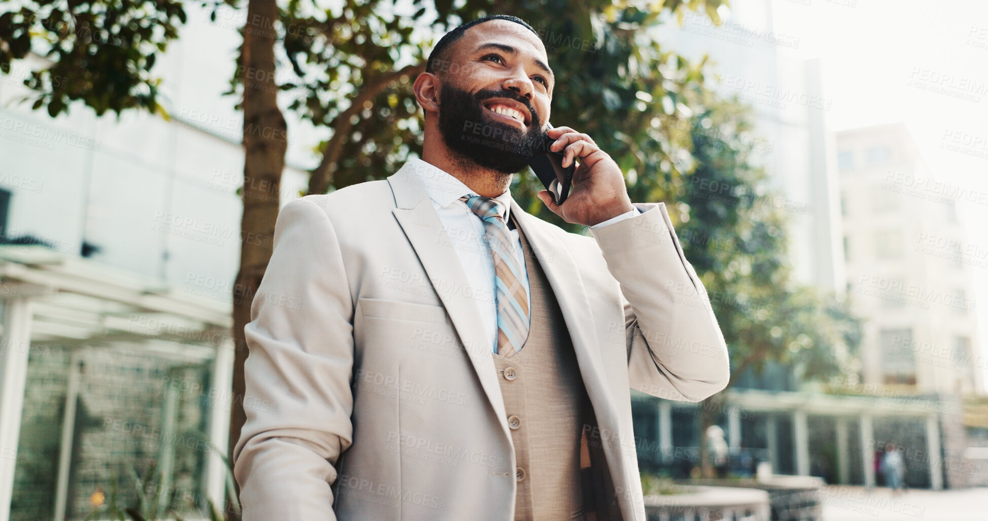 Buy stock photo City, phone call and business man for conversation, discussion and talking on commute to work. Low angle, corporate and happy person on smartphone for communication, networking and chat in town