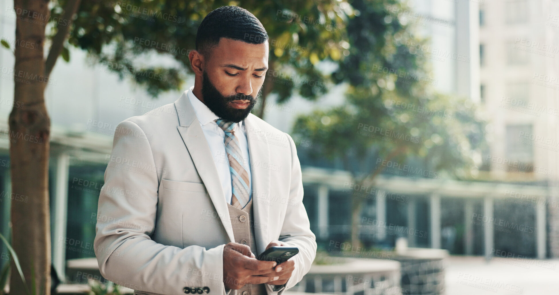 Buy stock photo Business man, phone and outdoor in city for travel with law career, internet or network connection. Serious, lawyer and online for typing legal advice, mobile app or text contact for deal by court