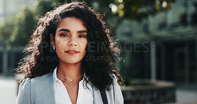 Buy stock photo Banker, portrait or businesswoman in city with confidence, corporate career or finance experience. Serious, financial advisor or proud investment broker in street for commute or opportunity in Miami