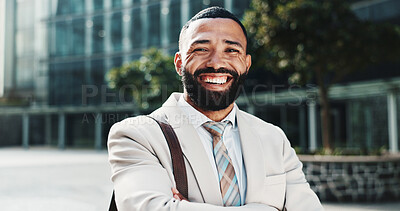 Buy stock photo Smile, banker or businessman in city with arms crossed, portrait or finance career experience. Confident, financial advisor or happy investment broker in street for commute or opportunity in Portugal