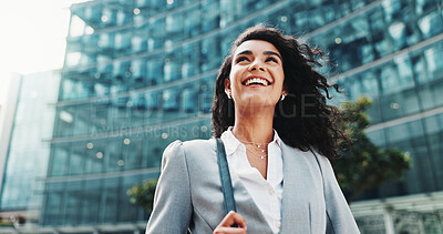 Buy stock photo Thinking, smile or businesswoman in city with building, career ambition or financial opportunity. Travel, finance advisor or excited investment broker in street for commute, inspiration and ideas