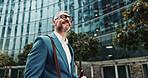 Mature, thinking or businessman in city with smile, corporate mission or financial opportunity. Travel, finance advisor or happy investment broker in street for morning commute, inspiration or ideas