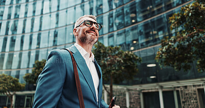 Buy stock photo Mature, thinking or businessman in city with smile, corporate mission or financial opportunity. Travel, finance advisor or happy investment broker in street for morning commute, inspiration or ideas