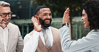 Buy stock photo High five, business people and team outdoor to celebrate win, legal success or deal. Happy men, woman or excited lawyers together for friendship, partnership or gesture for promotion or growth