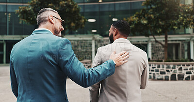 Buy stock photo Business people, support and men outdoor in city for discussion, motivation and encourage. Back, team or corporate colleagues together for friendship, partnership and networking or congratulations