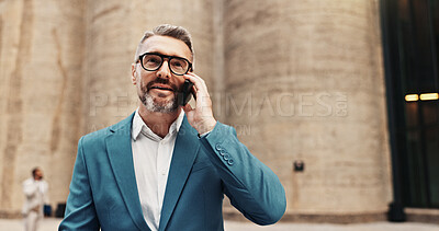 Buy stock photo Business man, phone call and outdoor in city to travel for law career, conversation or court connection. Mature lawyer talking for legal advice, negotiation or contact client for plea deal news