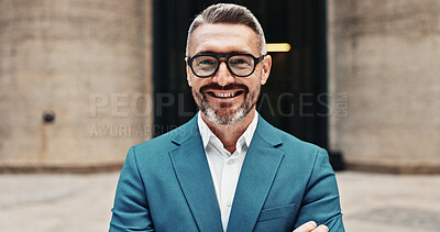 Buy stock photo Smile, mature or businessman in portrait with confidence corporate career or finance experience. Outdoor, financial advisor or proud investment broker with ambition, mission or opportunity in England