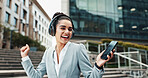 Business woman, phone and dancing with headphones in city for music, work break and streaming audio. Professional, person and energy outdoor for sound subscription, playlist or listening to radio app