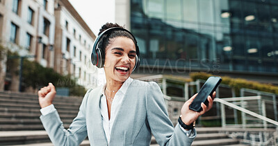 Buy stock photo Business woman, phone and dancing with headphones in city for music, work break and streaming audio. Professional, person and energy outdoor for sound subscription, playlist or listening to radio app