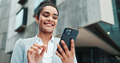 Buy stock photo Business woman, phone and happy in city for travel with real estate, internet or connection. Entrepreneur online for social media networking, listing property on app or text realtor contact outdoor
