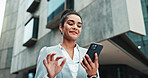 Business woman, phone and walking in city for travel with communication, internet or connection. Happy corporate worker online for social media networking, mobile app or text contact for deal outdoor
