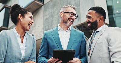 Buy stock photo Collaboration, employees and people with tablet, outdoor and real estate agent with tech for business. Teamwork, colleagues and group with website for property, info and discussion for market trends