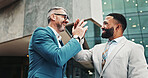 People, smile or high five in city for business, achievement or investment win for urban development. Corporate team, investors or happy at building for financial collaboration, success or support
