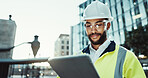 Tablet, architect and happy man in city for construction, development and planning at dawn. Technology, building and engineer outdoor for maintenance, safety inspection and infrastructure project