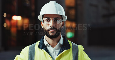 Buy stock photo Man, construction worker and portrait in city at night for urban expansion, building project and civil engineering. Person, architect and helmet in street, infrastructure or inspection in Costa Rica