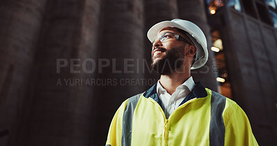 Buy stock photo Man, engineer and happy with thinking in city, helmet and urban expansion at construction site for building. Person, architect and perspective for project with infrastructure inspection in Mexico