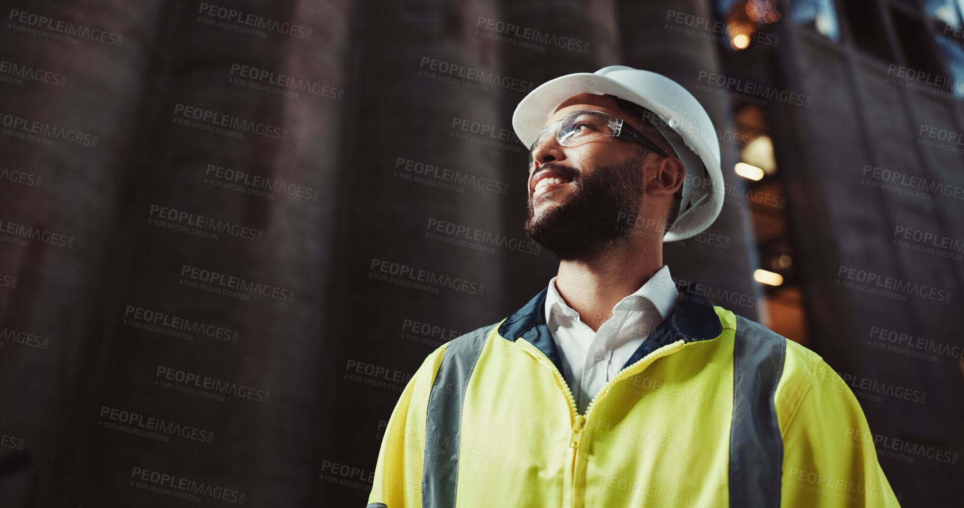 Buy stock photo Man, engineer and happy with thinking in city, helmet and urban expansion at construction site for building. Person, architect and perspective for project with infrastructure inspection in Mexico