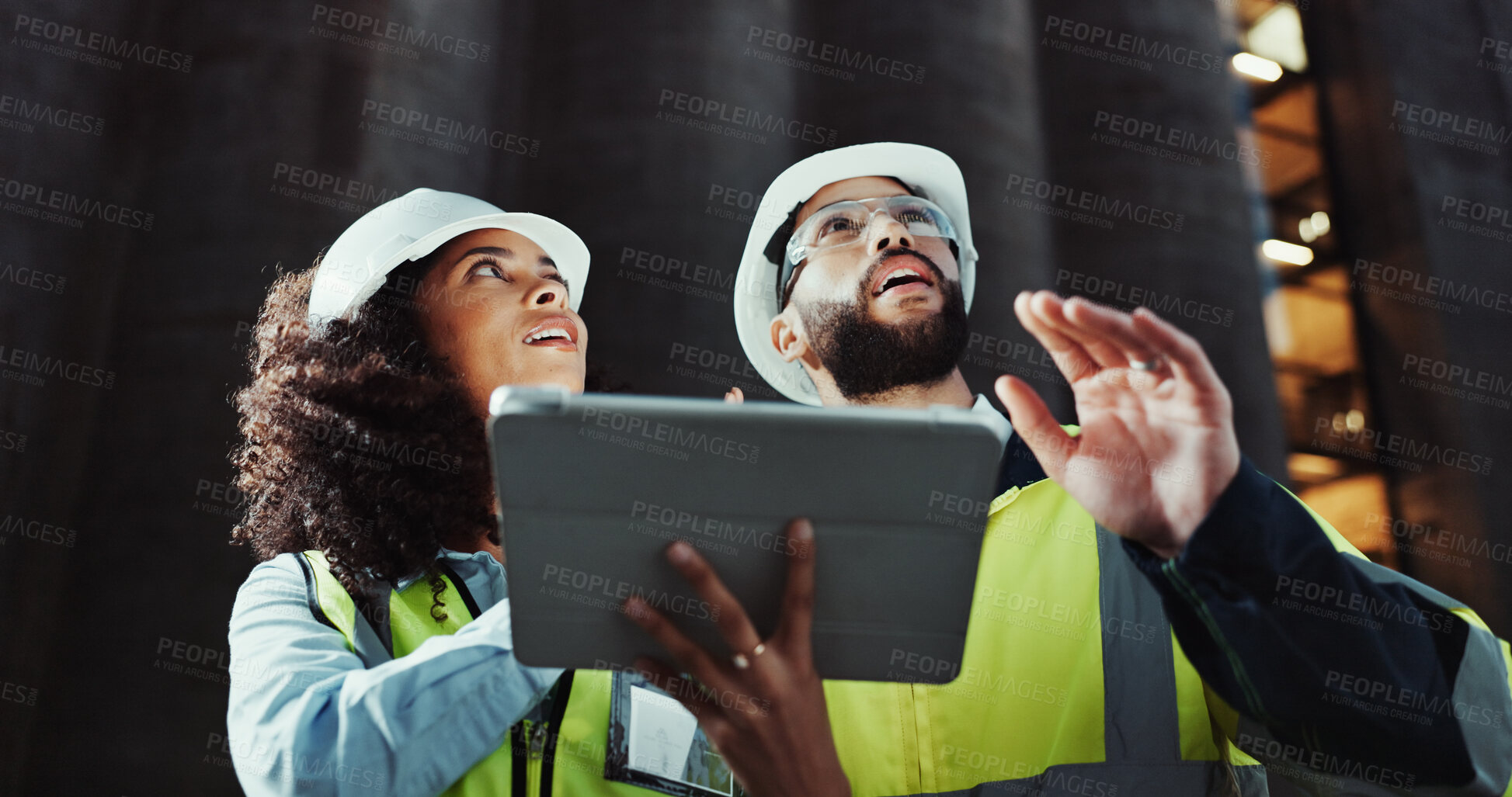 Buy stock photo Woman, man and engineer on tablet with discussion, review and planning for urban expansion in city People, architect and touchscreen app at night, property and infrastructure inspection in Costa Rica