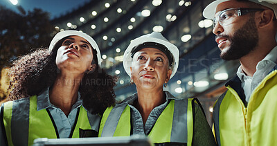 Buy stock photo Night, engineering and people with tablet, cooperation and conversation with digital app for schedule. Group, brainstorming or employees with tech, evening and online planning for project or teamwork