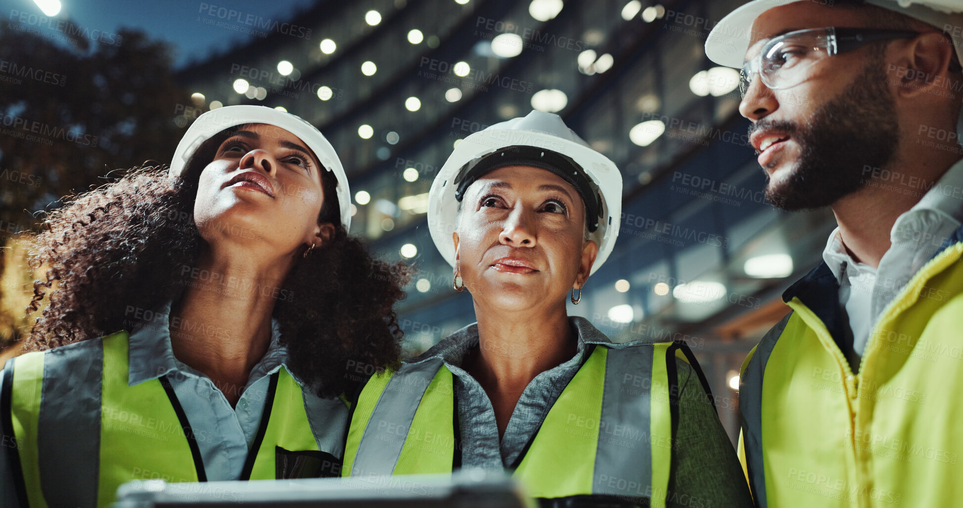 Buy stock photo Night, engineering and people with tablet, cooperation and conversation with digital app for schedule. Group, brainstorming or employees with tech, evening and online planning for project or teamwork