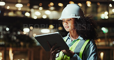 Buy stock photo Tablet, civil engineer and woman in city for construction, development and planning at night. Technology, building and architect outdoor for maintenance, safety inspection and infrastructure project