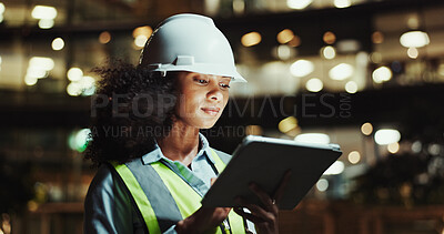 Buy stock photo Tablet, architect and woman in city for construction, development and planning at night. Technology, building and African engineer outdoor for maintenance, safety inspection or infrastructure project