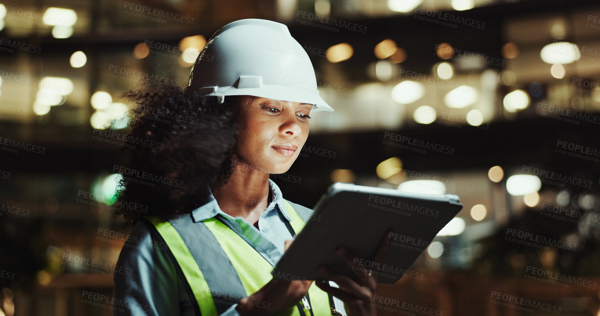 Buy stock photo Tablet, architect and woman in city for construction, development and planning at night. Technology, building and African engineer outdoor for maintenance, safety inspection or infrastructure project