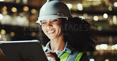 Buy stock photo Tablet, architect and happy woman outdoor for development, construction or planning at night. Technology, building or African engineer in city for maintenance, safety inspection or project with bokeh