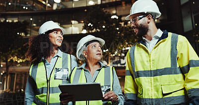 Buy stock photo People, construction worker and tablet with team in city for planning, review and happy with blueprint at night. Women, man and architect with touchscreen, app and building inspection in urban town