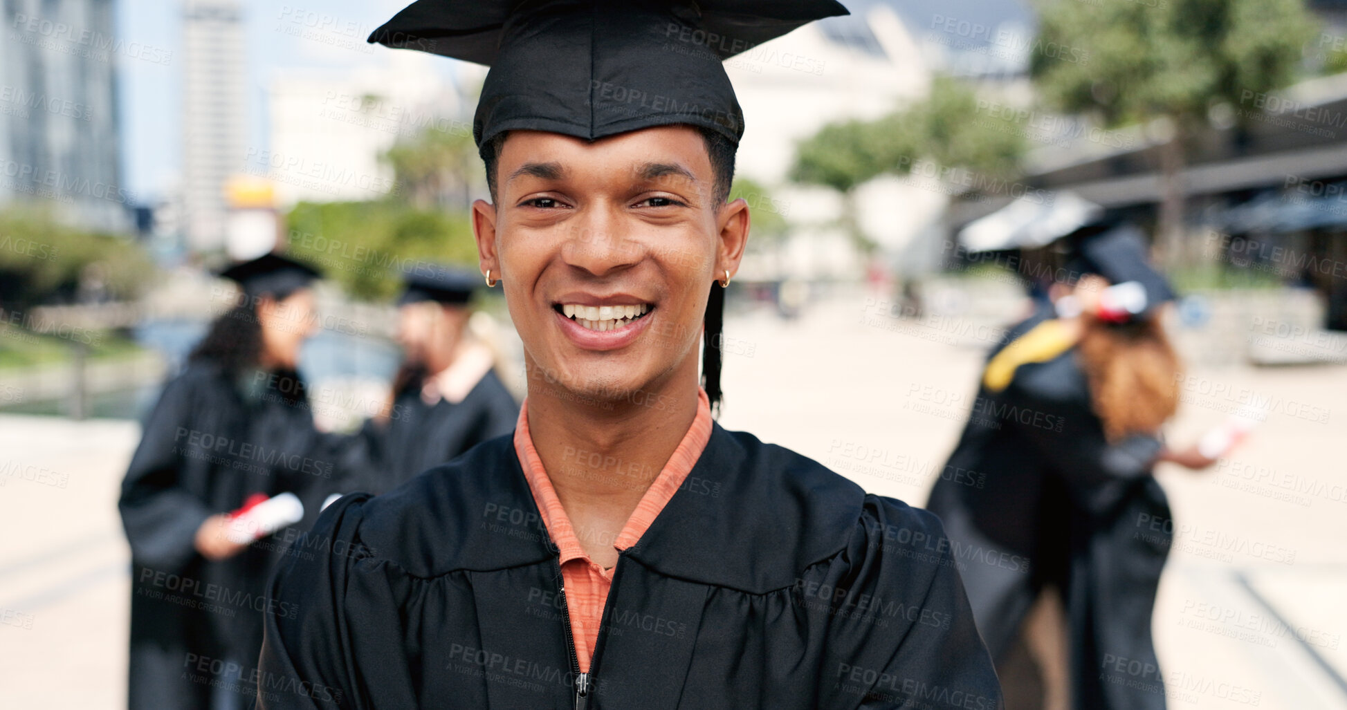 Buy stock photo Graduation, happy man or portrait of student at college for education, opportunity or success. School, scholarship or confident graduate at campus with knowledge, smile and university achievement