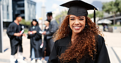Buy stock photo Portrait, woman or graduate with smile at university for education, opportunity or diploma. School, graduation success or happy student at campus with scholarship, confidence and college achievement