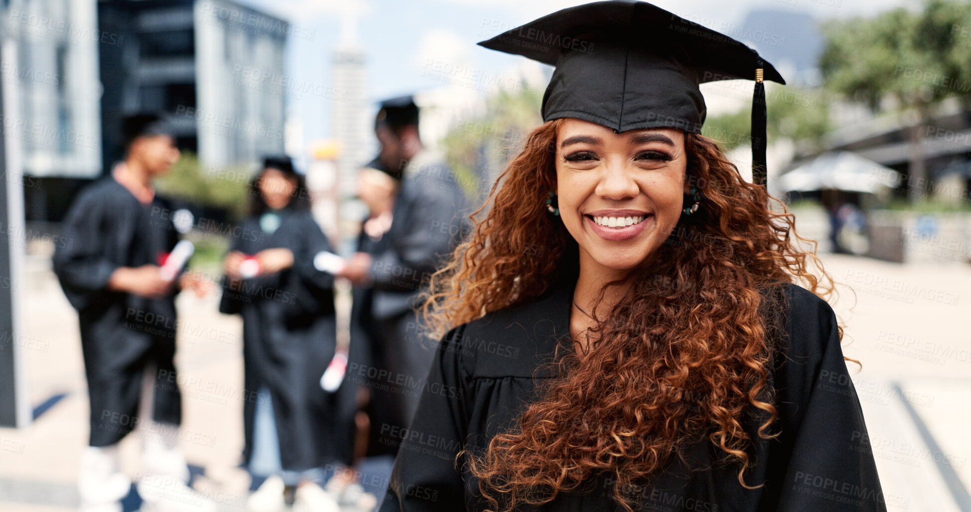 Buy stock photo Portrait, woman or graduate with smile at university for education, opportunity or diploma. School, graduation success or happy student at campus with scholarship, confidence and college achievement