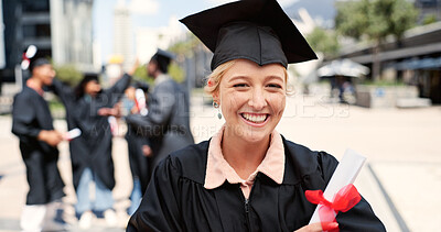Buy stock photo Award, happy woman or portrait of student at graduation for education goal, university or success. School certificate, opportunity or graduate at campus with scholarship, smile or college achievement
