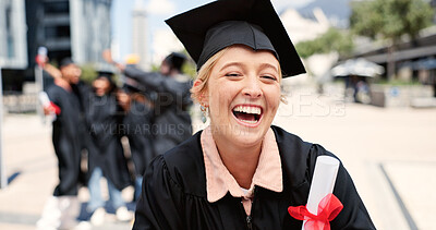 Buy stock photo Award, happy woman or student laughing at graduation for education goal, university or success. School certificate, funny joke or graduate at campus with scholarship, smile or college achievement