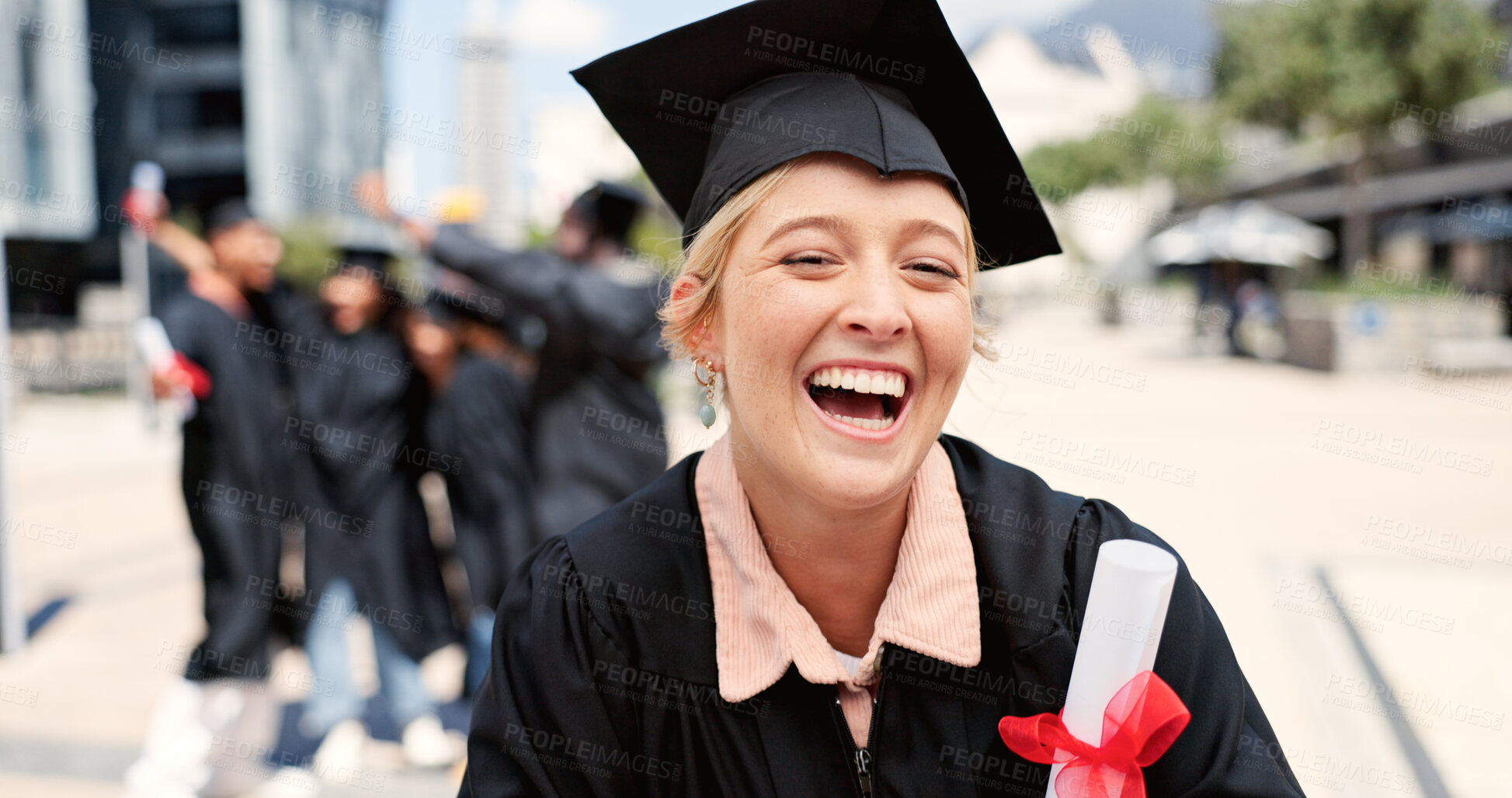 Buy stock photo Award, happy woman or student laughing at graduation for education goal, university or success. School certificate, funny joke or graduate at campus with scholarship, smile or college achievement