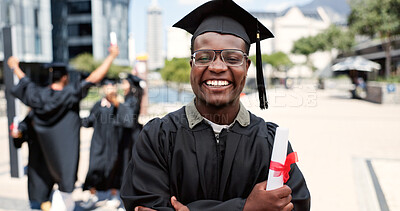 Buy stock photo Goal, portrait or happy man in graduation at university for education, opportunity or award. School, graduate success or proud student at campus with scholarship, certificate and college achievement