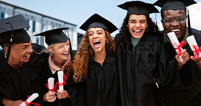 Buy stock photo Outdoor, happy people or friends laughing at graduation for education goals, degree certificate or success. Students, celebrate or graduate at campus with scholarship, smile and college achievement