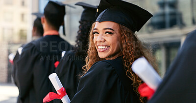Buy stock photo Graduation, ceremony or portrait of happy woman at university for education, school or success. Queue, scholarship or confident graduate in line at campus with knowledge, smile or college achievement