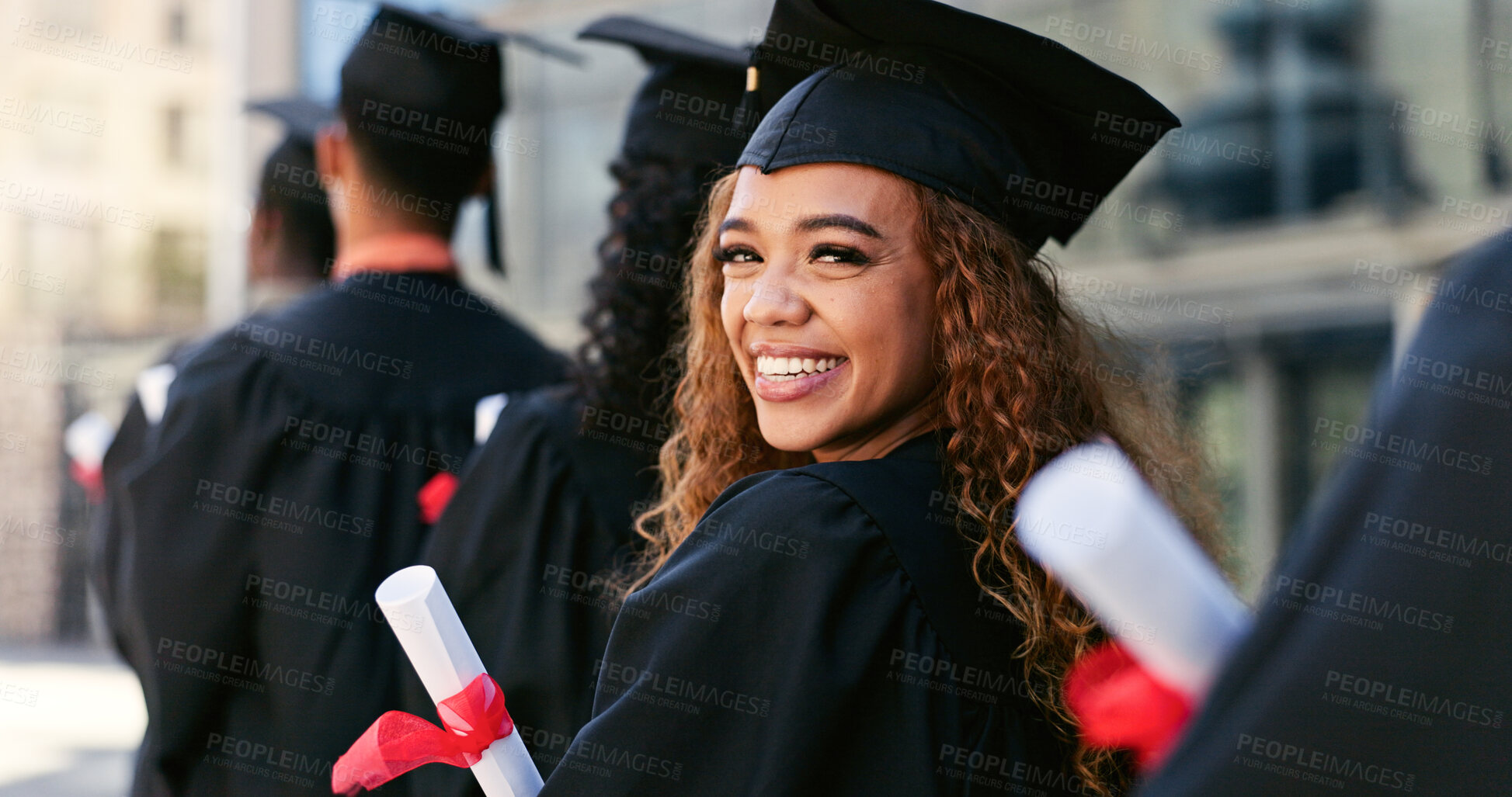 Buy stock photo Graduation, ceremony or portrait of happy woman at university for education, school or success. Queue, scholarship or confident graduate in line at campus with knowledge, smile or college achievement