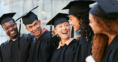 Buy stock photo Graduation, talking or group of happy people at university for education goal, school or studying success. Ceremony, graduates or students in line at campus with support, smile or college achievement