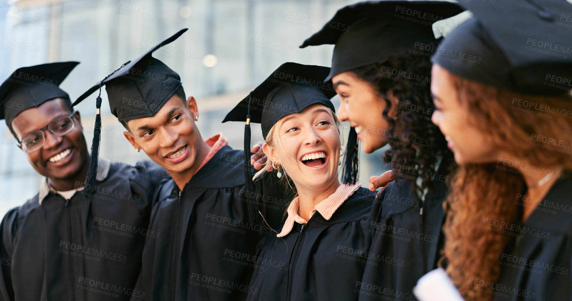 Buy stock photo Graduation, talking or group of happy people at university for education goal, school or studying success. Ceremony, graduates or students in line at campus with support, smile or college achievement