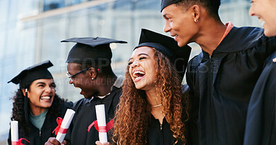 Buy stock photo People, graduation or students with celebration, university or excited with scholarship. Men, women or education with certificate, knowledge or college with achievement, smile or academy with diploma