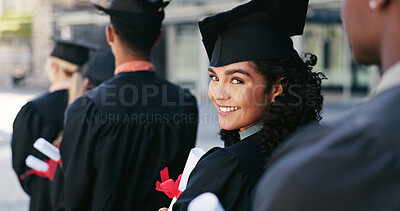 Buy stock photo Portrait, happy and student at graduation of ceremony for education diploma, achievement and milestone. Proud, woman or success of university award, announcement and learning goals of academic degree