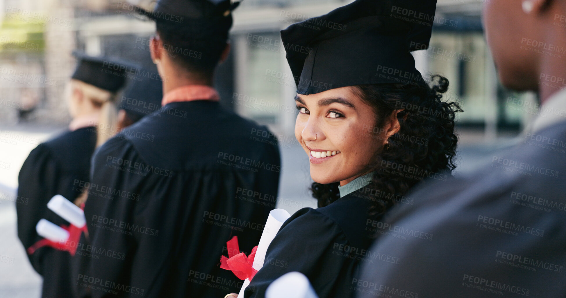 Buy stock photo Portrait, happy and student at graduation of ceremony for education diploma, achievement and milestone. Proud, woman or success of university award, announcement and learning goals of academic degree