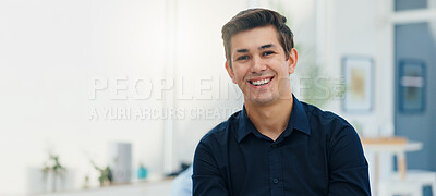 Buy stock photo Man, portrait and smile at startup, office and pride for career, excited and mock up space. Person, entrepreneur and small business owner at workplace with confidence at creative agency in Italy