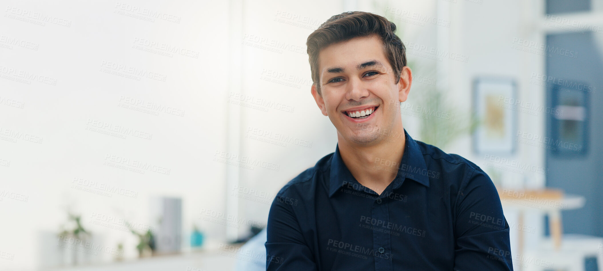 Buy stock photo Man, portrait and smile at startup, office and pride for career, excited and mock up space. Person, entrepreneur and small business owner at workplace with confidence at creative agency in Italy