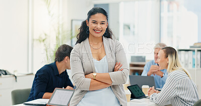 Buy stock photo Portrait, business people and woman in meeting, arms crossed and confidence with real estate. Face., employees and renovation agency in workplace, pride and planning for property development or smile